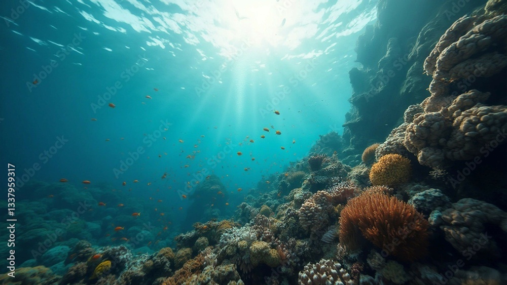 Obraz premium Vibrant Coral Reef with Tropical Fish Shoals in Sunlit Crystal Clear Waters