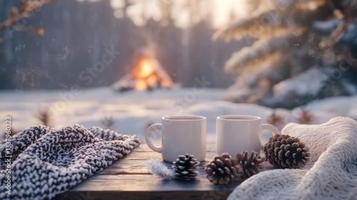 Cozy Winter Scene with Hot Drinks by Firelight for Relaxing Outdoor Moments