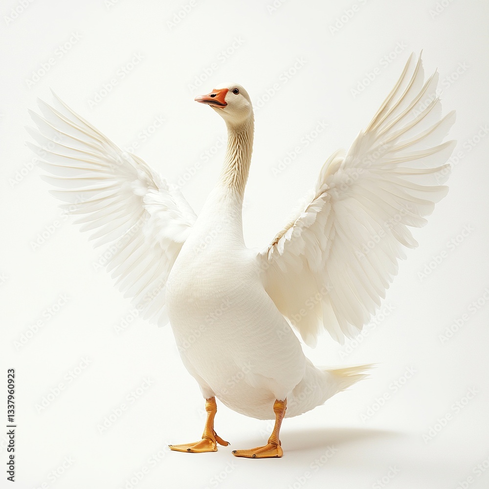 A farmyard goose stretching its wings, soft white feathers detailed, high-key lighting, full-body shot, white background. A farmyard goose stretching its wings, soft white feathers detailed, high-key lighting, full-body shot, white background.