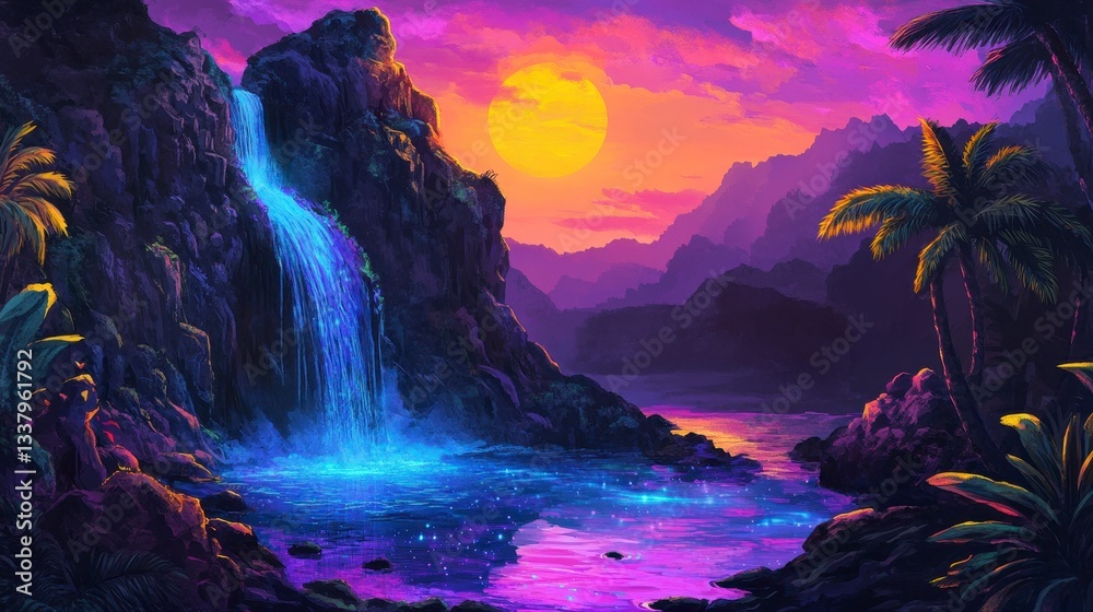 Fototapeta premium Surreal Tropical Waterfall Sunset Landscape