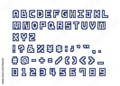縁取りされたシンプルなドットの英数字と記号のセット　アルファベット　文字　ピクセル　フォント