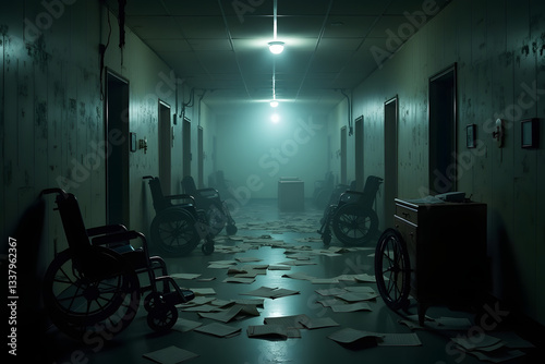 Haunting hospital scene with broken wheelchairs and dim, flickering lights.