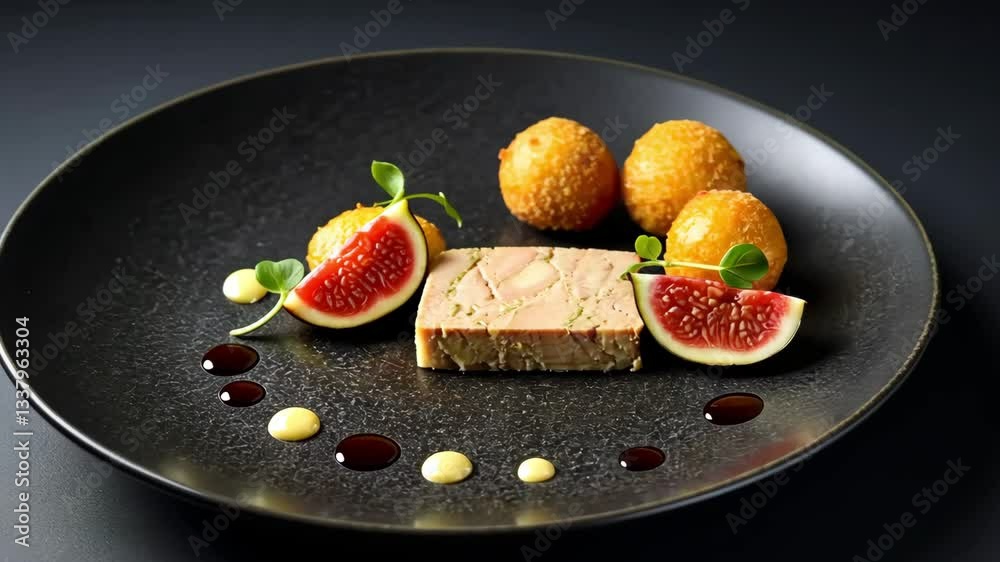 Close up of a black plate with pate figs fried balls and decorative sauces arranged artistically