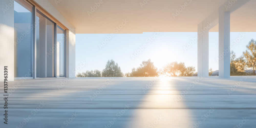 Fototapeta premium Modern architecture showcasing a serene sunset view from an outdoor deck