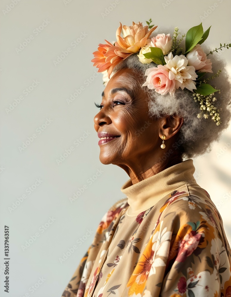 Fototapeta premium Timeless Elegance: A captivating close-up of an elder woman adorned with a vibrant floral crown, radiating serenity and beauty in the soft light.