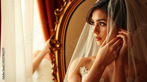 Bride admiring her reflection in an ornate mirror before the ceremony photo