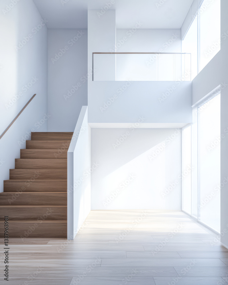 Elegant modern interior featuring a staircase and large windows in bright natural light Elegant modern interior featuring a staircase and large windows in bright natural light