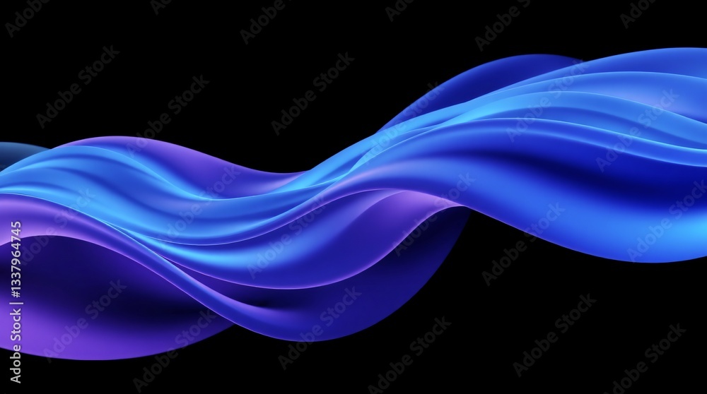 Obraz premium Abstract flowing blue and purple holographic smooth fluid wave on black background.