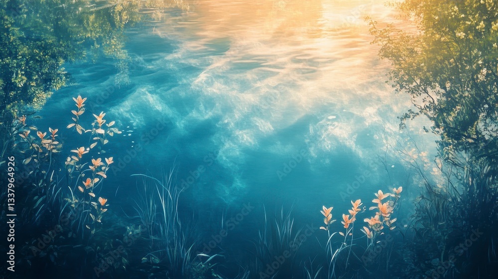 Fototapeta premium Enchanting Underwater Scene with Sunlit Water and Blooming Flowers