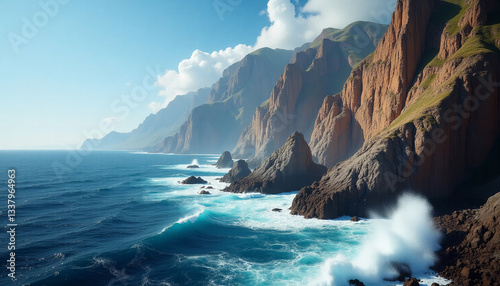 Dramatic coastal landscape with rugged cliffs featuring stratified rock layers and lush green crowns overlooking a vibrant blue ocean with crashing foamy waves under a clear sky