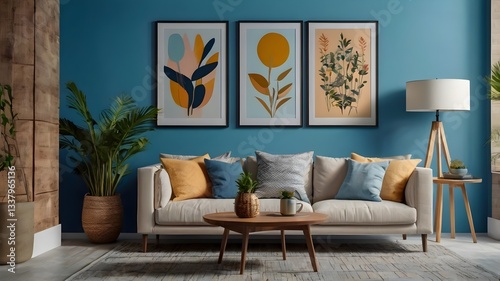 Interior desgin of modern living room interior with mock up poster frame, colorful decorations and accessories, plants, sofa, coffee table. Blue wall. Home decor. Template.,