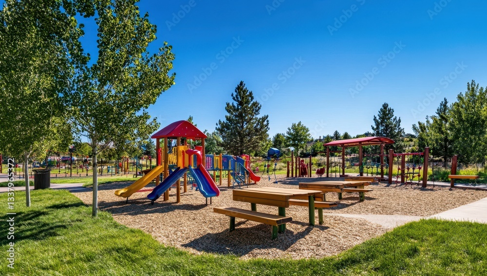Obraz premium Colorful playground with slides under a clear blue sky.
