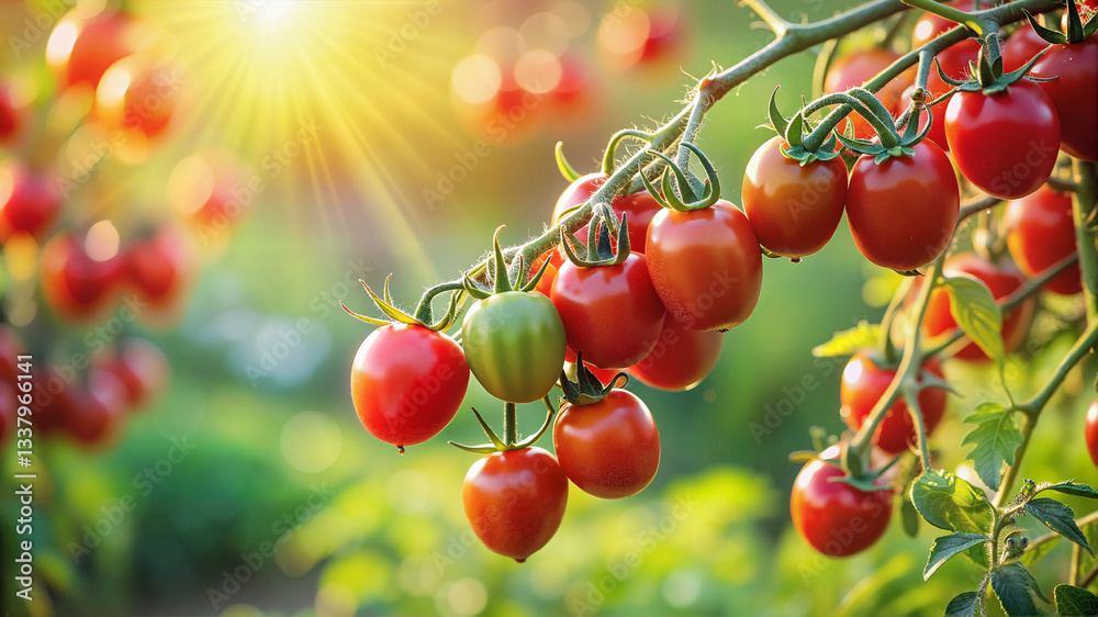 Fototapeta premium Ripe cherry tomatoes on vine in garden