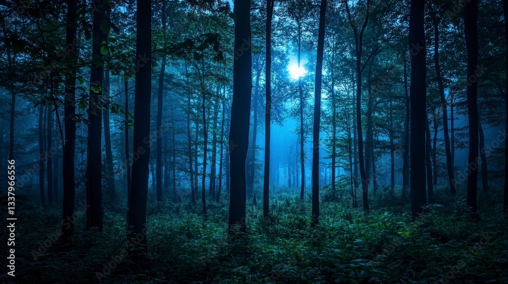 Fototapeta premium Enchanting Moonlight in a Misty Forest at Night