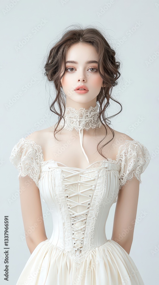 Elegant Woman in Lace Dress Posing Gracefully Against Neutral Background Elegant Woman in Lace Dress Posing Gracefully Against Neutral Background