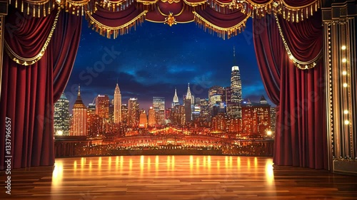 Majestic theater stage with a breathtaking city skyline view at night