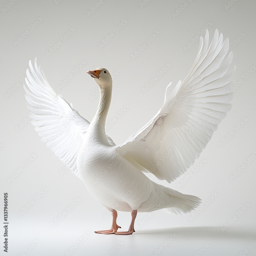 Obraz premium A goose stretching its wings, soft white feathers, dramatic lighting, full-body shot, pure white background. 