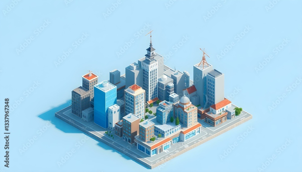 Fototapeta premium Isometric Cityscape Illustration: Modern Buildings, Blue Sky