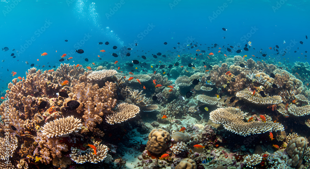 Fototapeta premium Exploring Vibrant Coral Reefs with Colorful Fish in the Clear Ocean