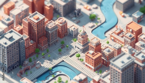Isometric Cityscape: Low Poly Buildings, Urban Scene, River
