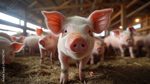 A group of curious piglets explores their clean indoor housing, their pink snouts sniffing the air, while the mother pig rests nearby, creating a heartwarming farm scene, cinematic wide-angle shot.  