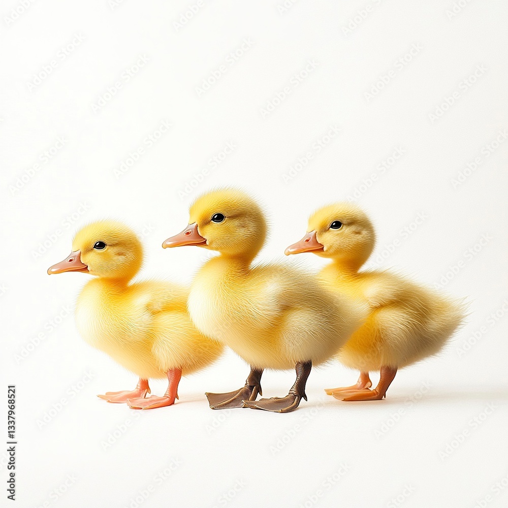 A group of ducklings waddling together, fluffy yellow feathers, soft even lighting, side view, white background. A group of ducklings waddling together, fluffy yellow feathers, soft even lighting, side view, white background.