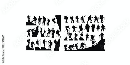 Print  Big set of mountaineer climber hiker people, vector silhouette collection isolated on white background