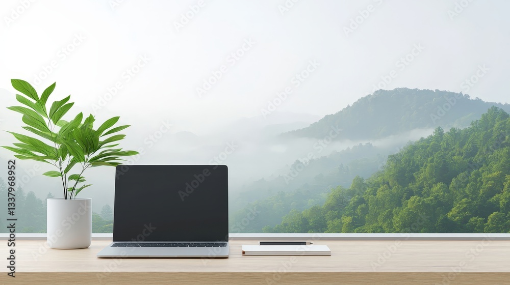 Fototapeta premium Tranquil Workspace with Laptop and Serene Nature Background
