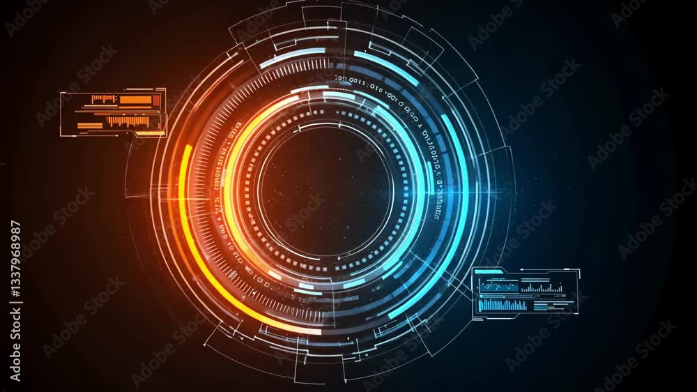 Circular hud interface with orange and blue elements on a dark background with small dots