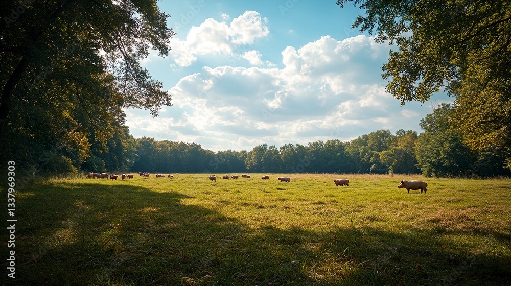 Fototapeta premium A group of happy pigs munching on fresh grass in a sunlit meadow, the open space and natural setting highlighting ethical organic farming, wide-angle telephoto shot 
