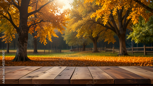 Sensitive focus on wooden floor against autumn backdrop.
