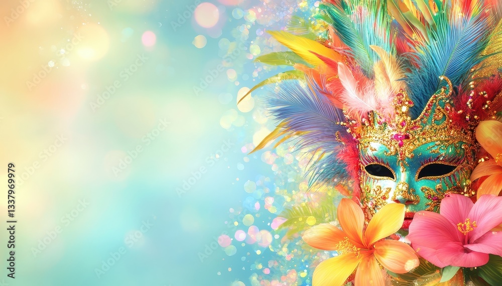 Obraz premium Colorful Venetian Carnival Mask with Feathers and Flowers