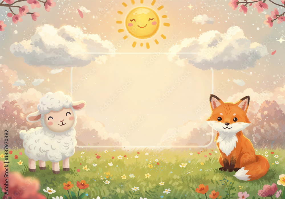 Naklejka premium funny kids background with cute animals in fantasy style, mockup with space for text . Generative AI