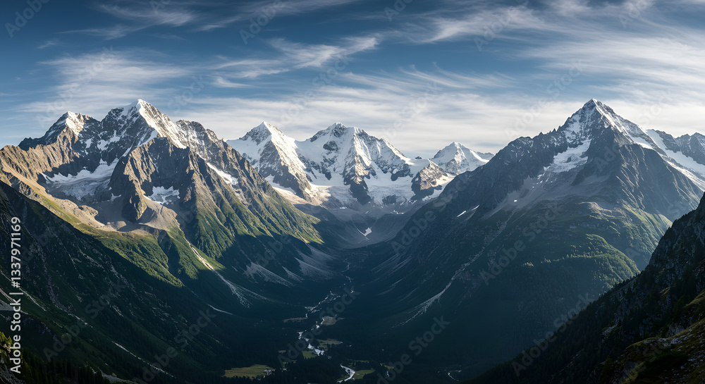 Majestic Snow Capped Mountains with Valley and Blue Sky Landscape Majestic Snow Capped Mountains with Valley and Blue Sky Landscape
