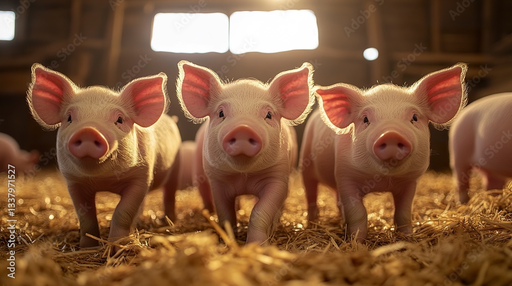 A group of young pigs explores their new farm home, their pink snouts sniffing the fresh straw, with soft barn lighting creating a warm and cozy atmosphere A group of young pigs explores their new farm home, their pink snouts sniffing the fresh straw, with soft barn lighting creating a warm and cozy atmosphere