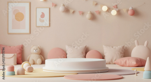 round podium for product presentation in children's room interior . Generative AI