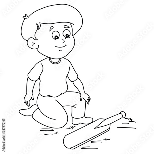 Cute cartoon hand drawn vector boy  Kneeling With Hand On Knee coloring page.