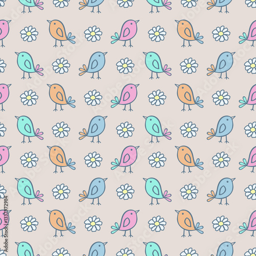 Seamless pattern of colorful birds and daisies in a funny children's style, soft pastel colors, can be used for packaging, cards, websites, textiles
