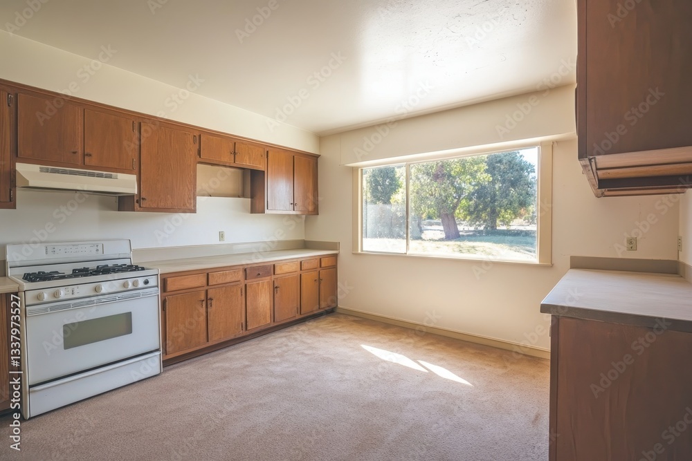 Sunlit kitchen with wooden cabinets and large window, creating a cozy atmosphere.