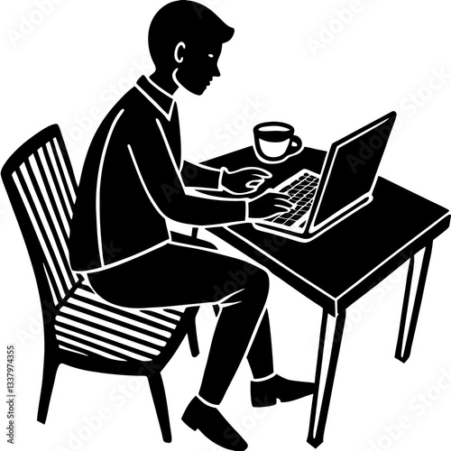 Silhouette of a person sitting and working on a laptop, with a coffee cup placed beside them on the table