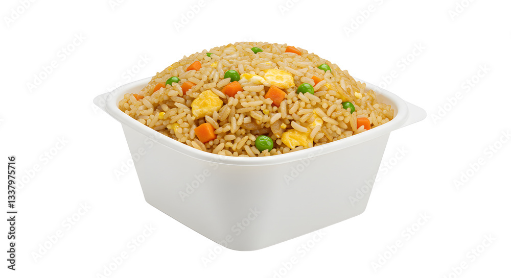Fried rice in takeout container with egg and vegetables Fried rice in takeout container with egg and vegetables