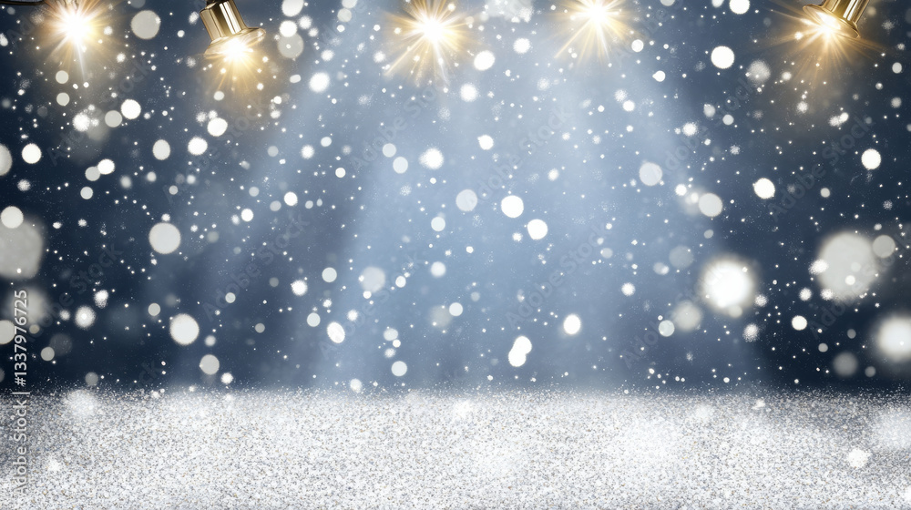 Naklejka premium Bright lights illuminate snowy backdrop with sparkling particles