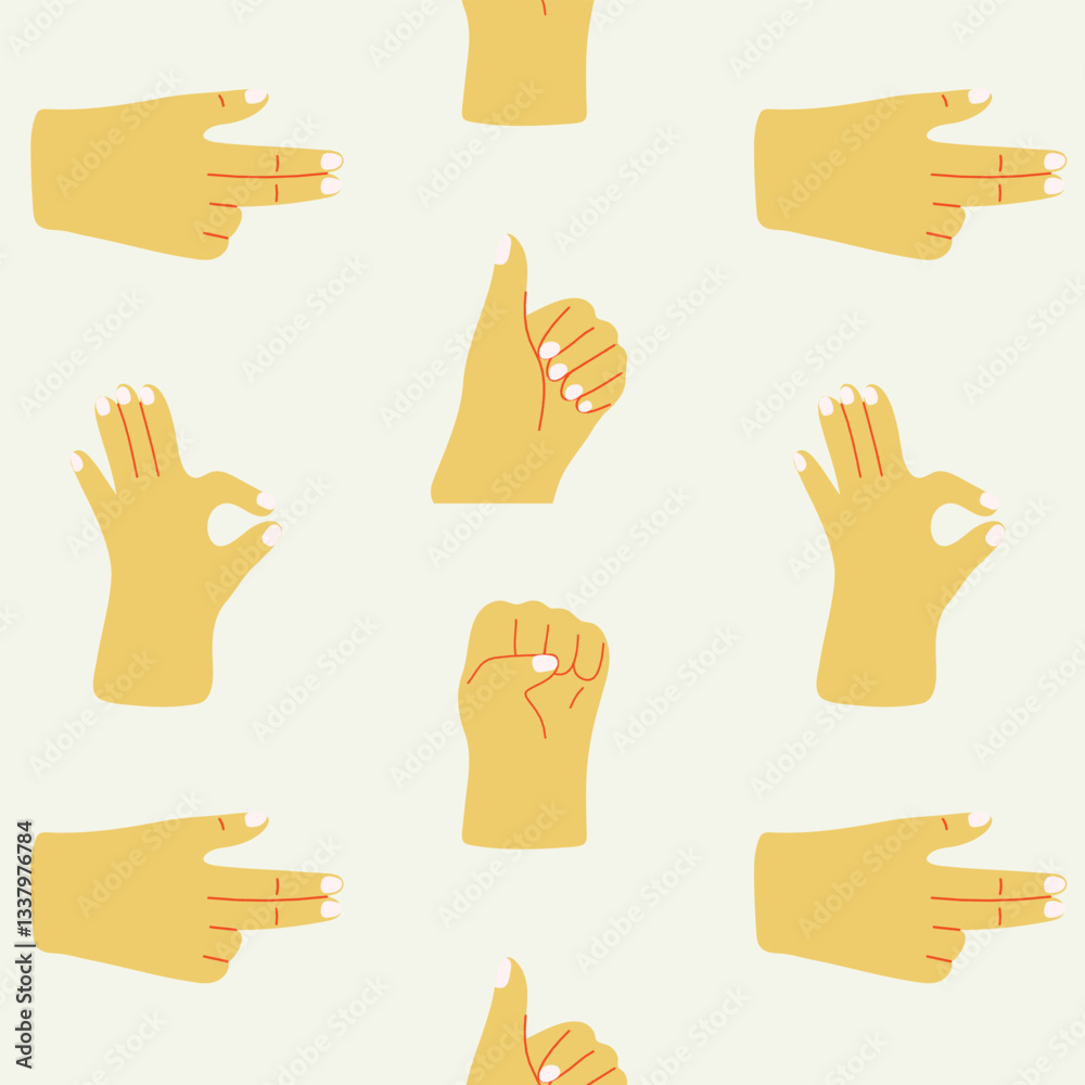 Hands Gestures and Poses Seamless Pattern. First, Okay, thumbs up