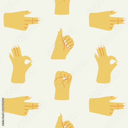 Hands Gestures and Poses Seamless Pattern. First, Okay, thumbs up