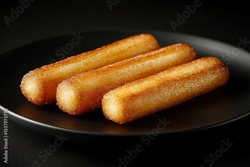 Crispy Golden Fried Churros on Black Plate Sweet Dessert Treat Close Up