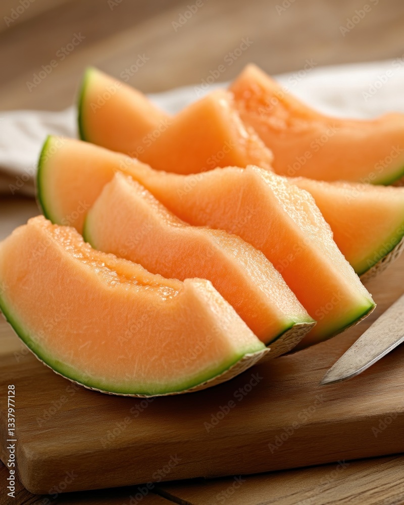 Sliced cantaloupe pieces on wooden cutting board kitchen setting food photography natural light freshness concept