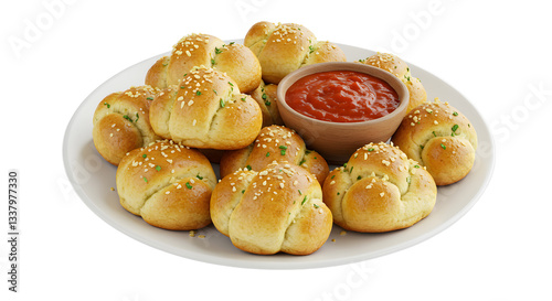 Serving of Garlic Knots with Tomato Sauce Bowl on White Plate