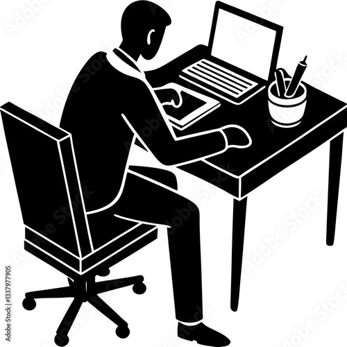 Silhouette of a person sitting at an office desk, engaged in planning and strategizing 