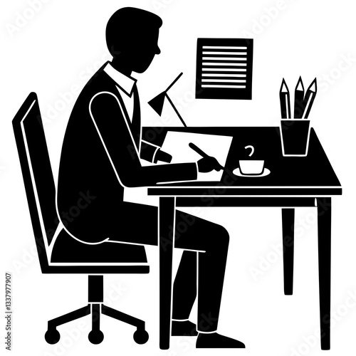 Silhouette of a person sitting at an office desk, engaged in planning and strategizing 
