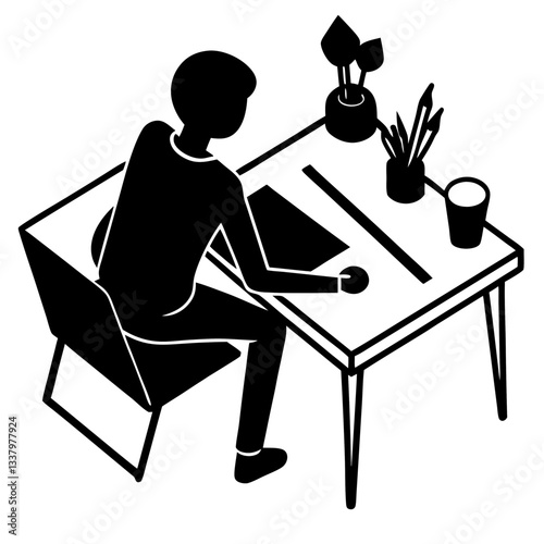 Silhouette of a person sitting at an office desk, engaged in planning and strategizing 